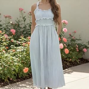 Cotton Linen Seersucker Halter Midi Dress Pockets Blue White M NWT